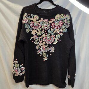 Vintage Boaz Sweater Beaded Embroidered Size XL Black